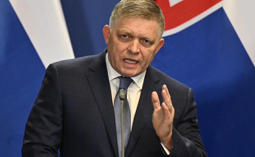 Slovakia's Prime Minister Robert Fico speaks during a press conference with Hungary's Prime Minister Viktor Orban in Budapest, Hungary, Tuesday, on Jan. 16.