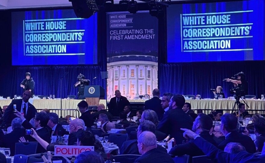 Members of the U.S. Secret Service counter assault team stand on the stage after a shooting incident outside the ballroom during the White House Correspondents Dinner on April 25 in Washington.