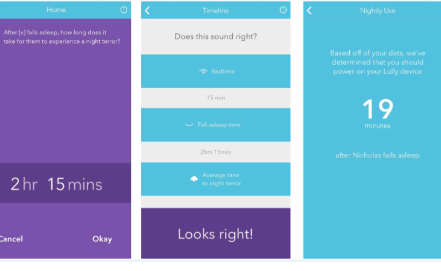 The app uses an algorithm to calculate a time parents should turn on the vibrating pod after they answer questions about their child's sleep behavior.