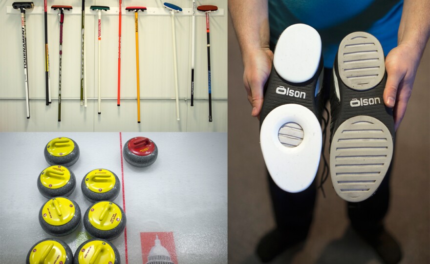 Curling brooms, stones and a pair of special shoes belonging to Potomac Curling Club member Joe Rockenbach.