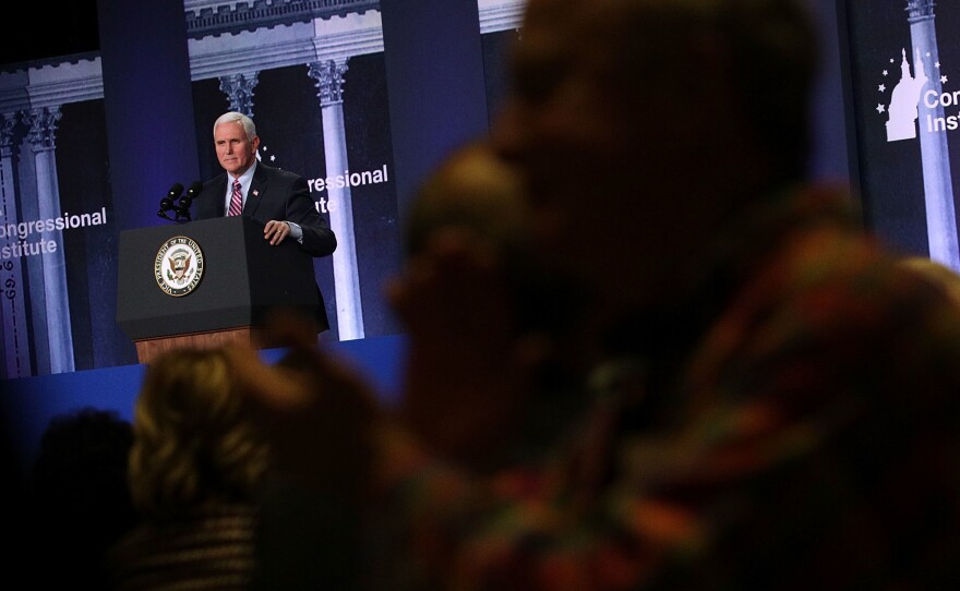 Vice President Pence addresses a dinner Wednesday at the 2018 Republican retreat at the Greenbrier resort in White Sulphur Springs, W.Va.
