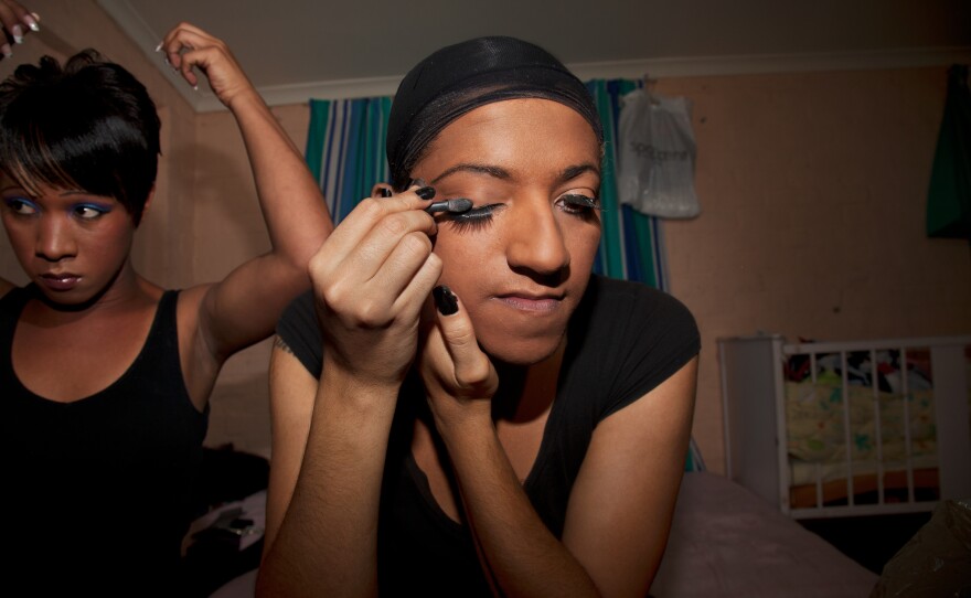 Chedino's friend Alicia (left) and Chedino get ready backstage during a Divas in Cabaret performance at the Fergus Inn in Elsie's River, Cape Town, South Africa, in 2012.