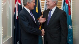 Secretary of the Navy (SECNAV) Ray Mabus meets with Australian Minister for Defense Stephen Smith at the Parliament House in Canberra, Australia in April 2012.