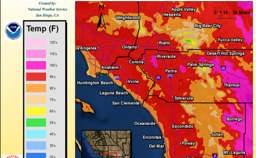 This graphic from the National Weather Service shows projected temperatures for San Diego County, May 15, 2014.