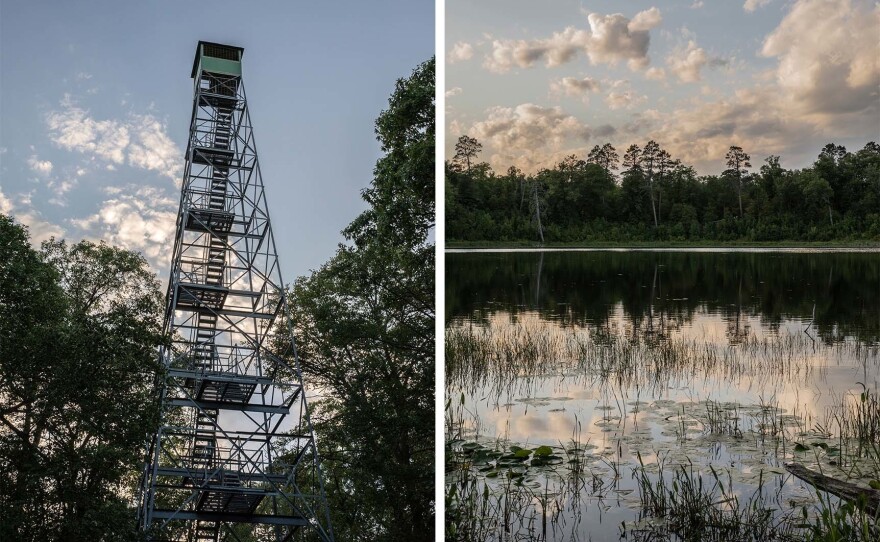 LEFT: The 100-foot Aiton Heights Fire Tower in Itasca State Park is open to the public during the spring, summer, and fall. RIGHT: Kasey Lake is on the trail that leads to Aiton Heights Fire Tower, a popular tourist attraction in Itasca State Park.