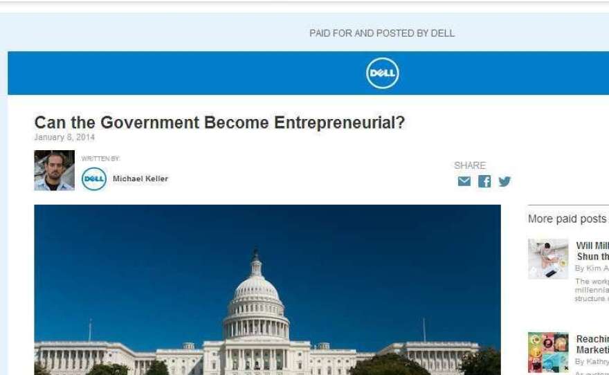 New paid content on <em>The New York Times</em> site runs in a similar font as the paper's editorial material, but includes a banner indicating that it's paid for by a corporate sponsor.