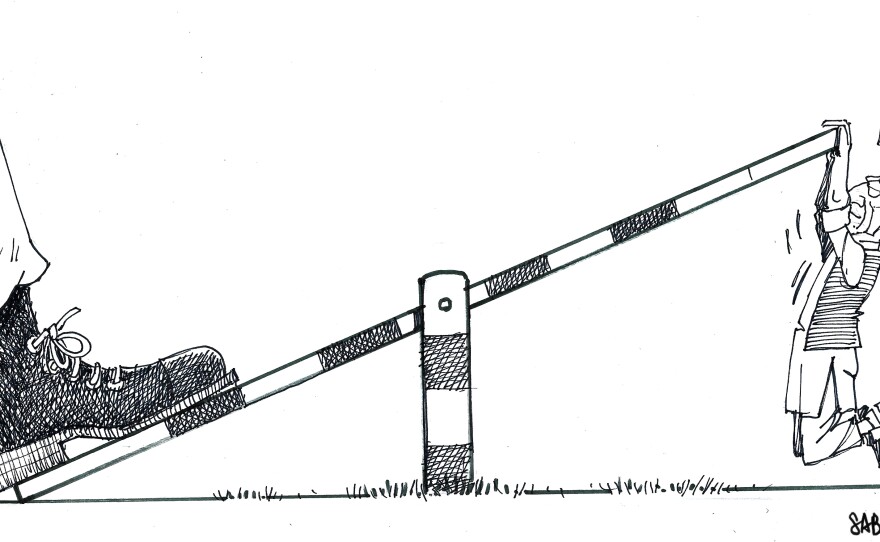 A recently published cartoon by Sabir Nazar shows a boot weighing down a scale with Imran Khan on the other side.