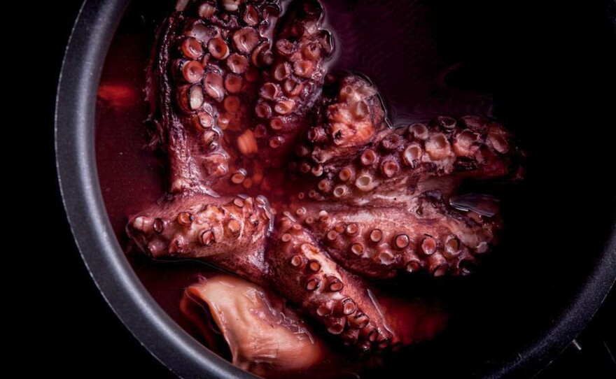 Boiled octopus, a recipe for "reliably tender, flavorful octopus that can be used as it is, or as a basis for fried or grilled octopus dishes," write Richard Horsey and Tim Wharton in Ugly Food. "Octopus is also totally sustainable, very economical and incredibly versatile — the various methods of preparation and cooking lend it subtly different flavors," says Wharton.