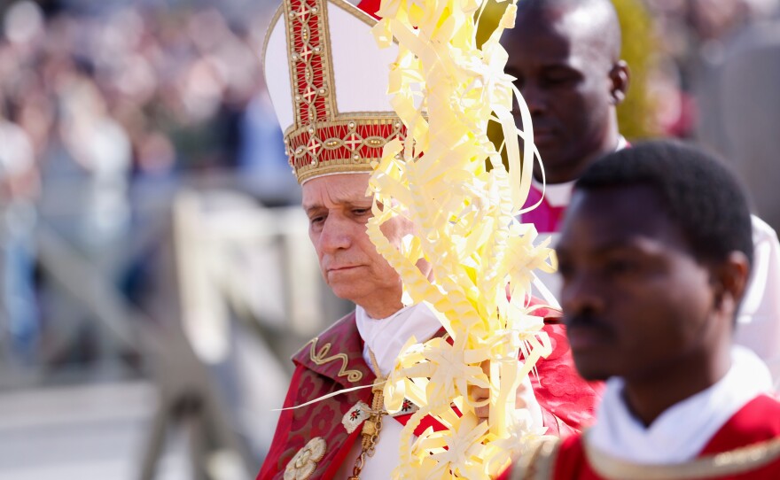 Pope Leo XIV presides over Palm Sunday Mass in St. Peter's Square at the Vatican, Sunday, March 29, 2026.