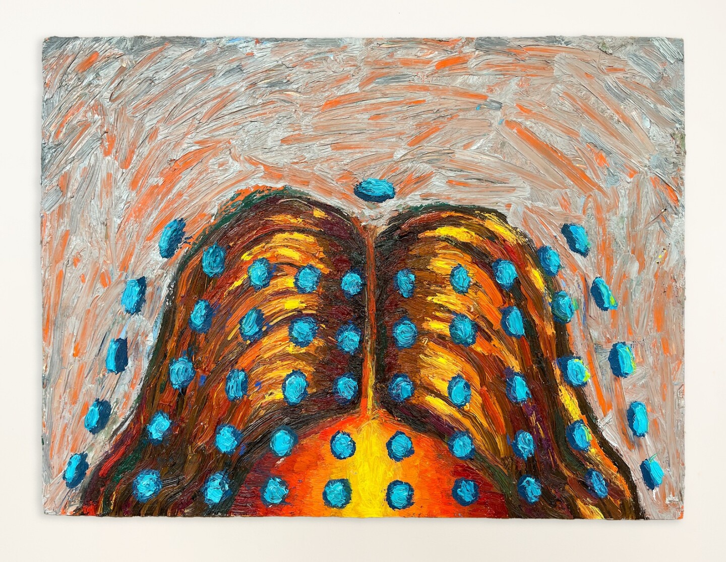 "Energy Field" is a 2022 oil painting by artist Christina Valenzuela. The art appears to be looking down on someone's parted brown hair, and dozens of blue dots pepper the scalp and aura surrounding it.