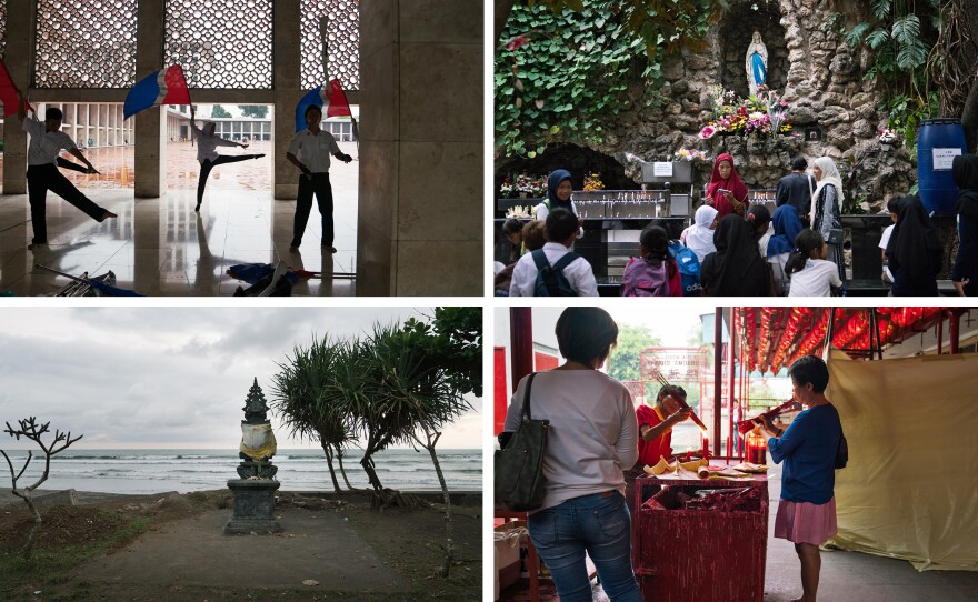 Top left: Band members practice twirling flags at Istiqlal mosque. Top right: People visit St. Mary of the Assumption Cathedral across the street from the mosque. Bottom right: People light incense at the 17th century Vihara Dharma Bhakti Buddhist temple in a mostly Chinese neighborhood in Jakarta. Bottom left: A Hindu shrine on a Bali beach.