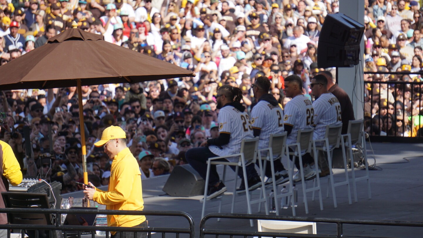 San Diego Padres players Fernando Tatis Jr., Xander Bogaerts, Juan Soto and Manny Machado participate in an interview segment during a fan event at Petco Park.