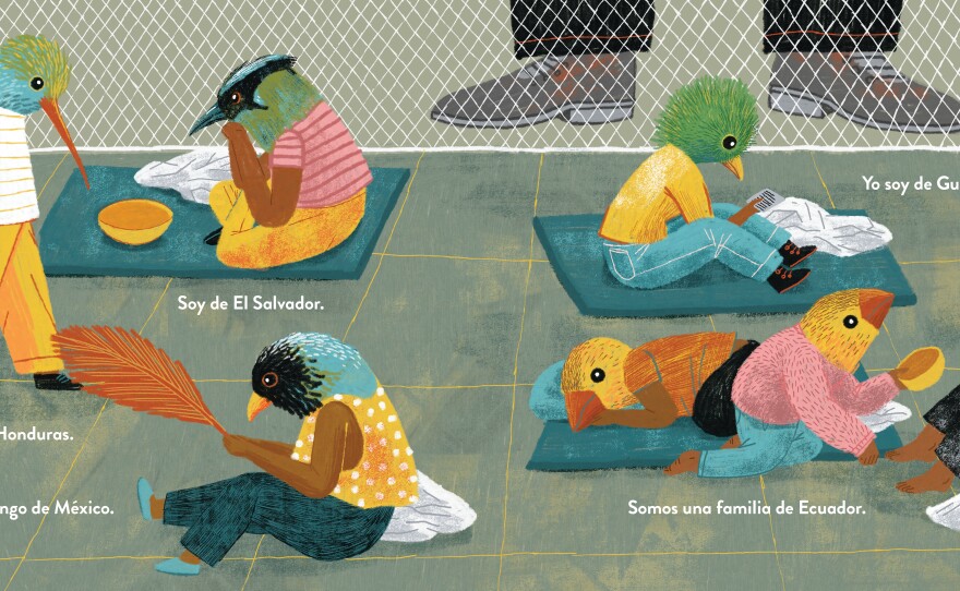 Warren Binford's picture book includes an illustration of detained children depicted as caged birds. (Excerpted from <em>Hear My Voice/Escucha mi voz</em>. Foreword by Michael Garcia Bochenek; Compiled by Warren Binford; Workman Publishing. Copyright 2021.)