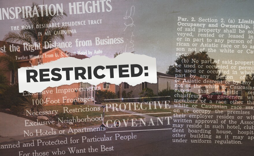 A house overlayed with image of racially restrictive covenants, an advertisement from 1910 and the title that reads Restricted: