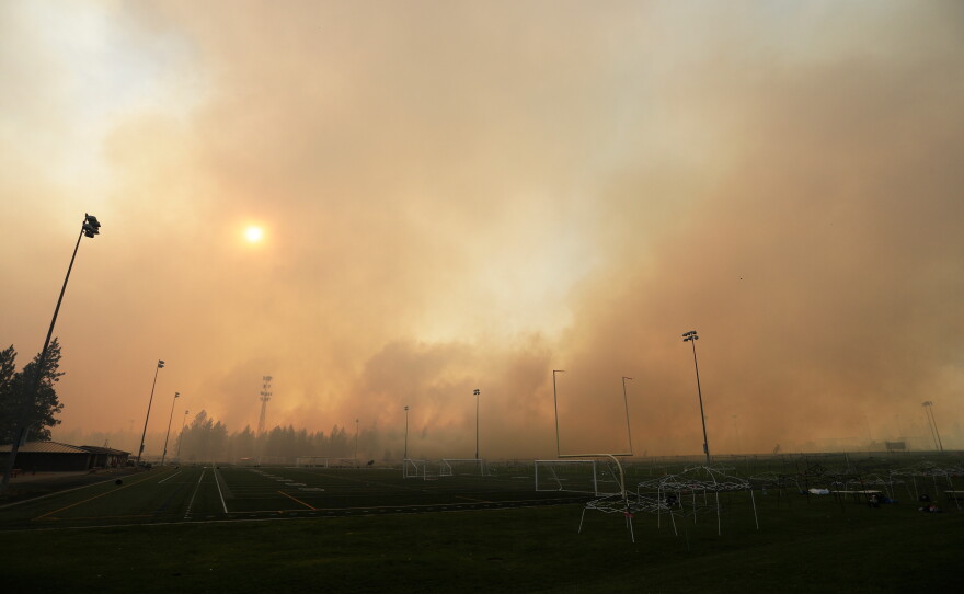 Old Trails Fire is seen from Dwight Merkel Sports Complex, Saturday, Aug. 1, 2026, in Spokane, Wash.