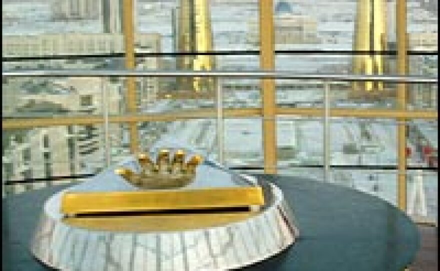 The handprint of Kazakhstan's President Nursultan Nazarbayev has been preserved in gold at the top of a tower overlooking the recently built capital city of Astana. Tour guides say the handprint symbolizes Nazarbayev's role as "guarantor of peace and friendship" in the country.