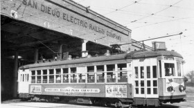 A San Diego Electric Railway Company streetcar is seen at a depot in this photo dated around 1930.