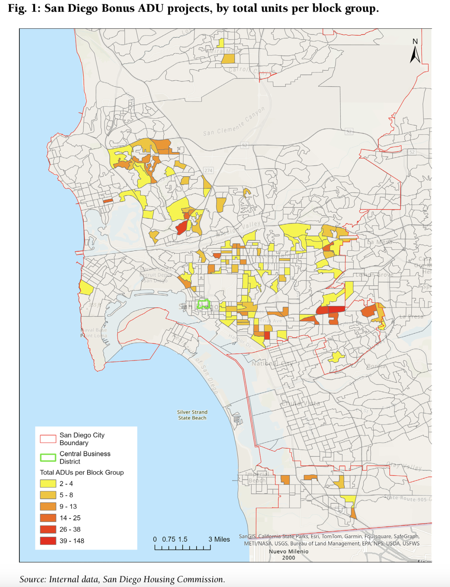 San Diego Bonus ADU projects, by total units per block group, as of mid-2024.
