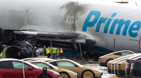 An Amazon cargo plane sits at Miami International Airport after overshooting a runway on Monday, Sept. 7, 2026, in Miami.