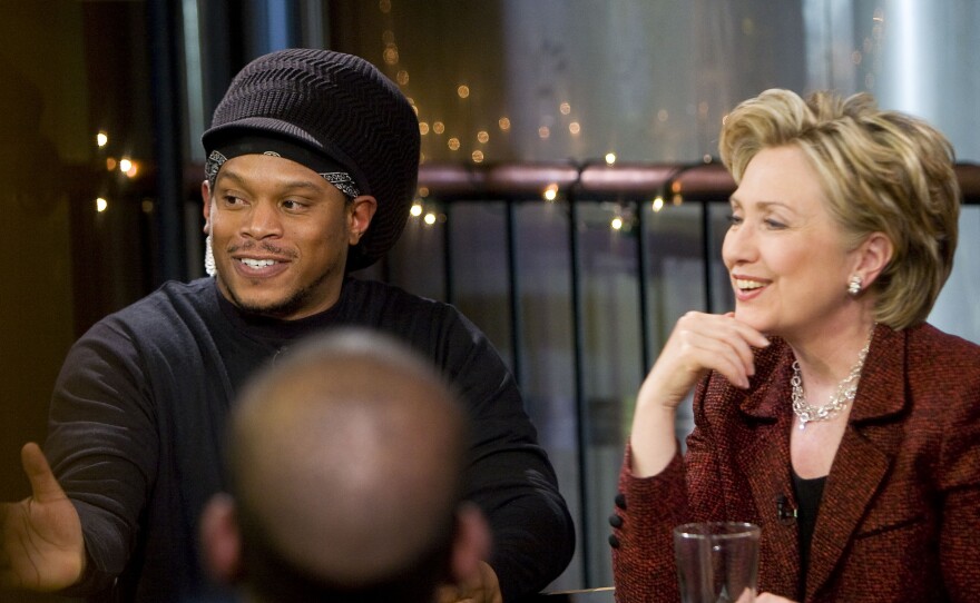 MTV news correspondent Sway Calloway and Hillary Clinton speak to Iraq War veterans during a taping of MTV's "Choose or Lose" on March 18, 2008 in Lancaster, Pennsylvania.