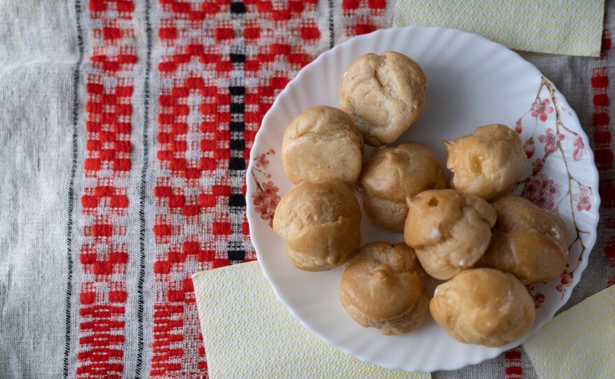 Pastries sit on the Ladas' kitchen table in their new apartment.