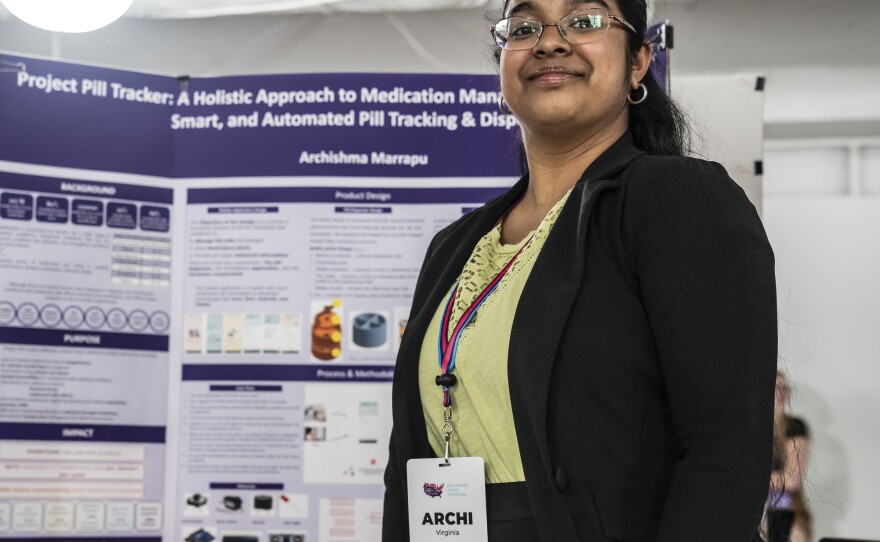 Archi Marrapu, 17, excitedly tells visitors about her project. "I usually get ideas based on problems that my family faces," says Marrapu, a junior at <a href="https://tjhsst.fcps.edu/" data-key="1964">Thomas Jefferson High School for Science and Technology</a>, a magnet school in Alexandria, VA.