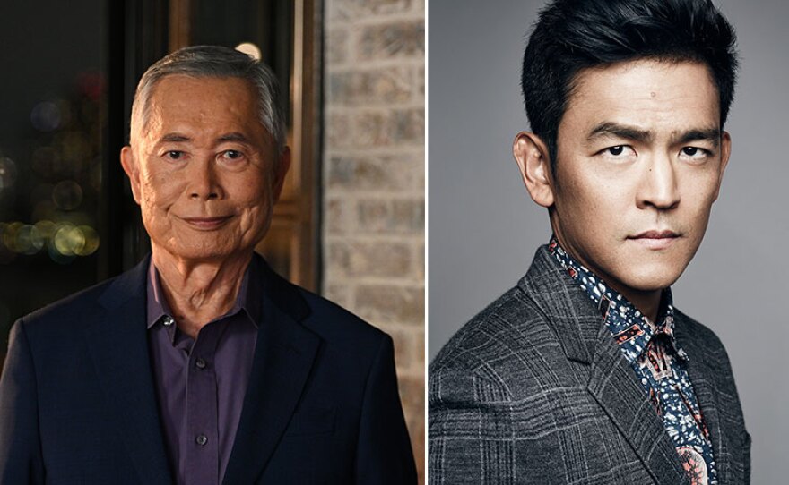 Actors and writers George Takei, at left, and John Cho are shown in side-by-side headshots.