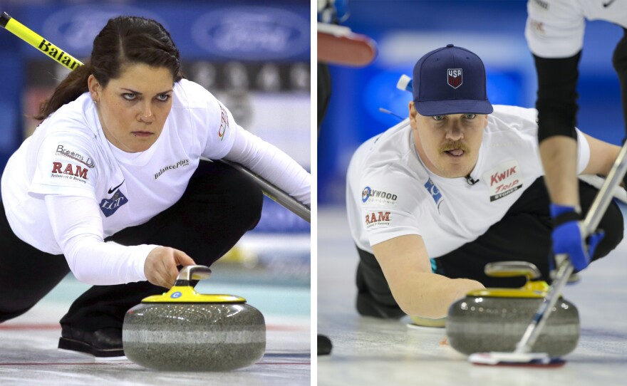 (Left) United States' Becca Hamilton releases the stone during a match against Switzerland in the Women's World Curling Championship in Beijing on March 23, 2017. (Right) Becca's brother, Matt Hamilton, delivers a stone during the bronze medal game between the U.S. and Japan at the World Men's Curling Championships on April 10, 2016.