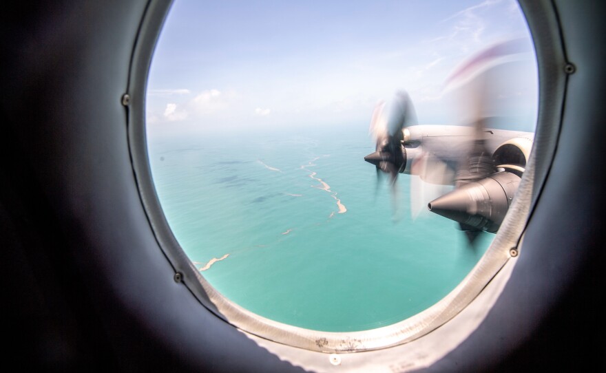 An aerial view of Tonga shows the heavy ashfall from the January 15 volcanic eruption.