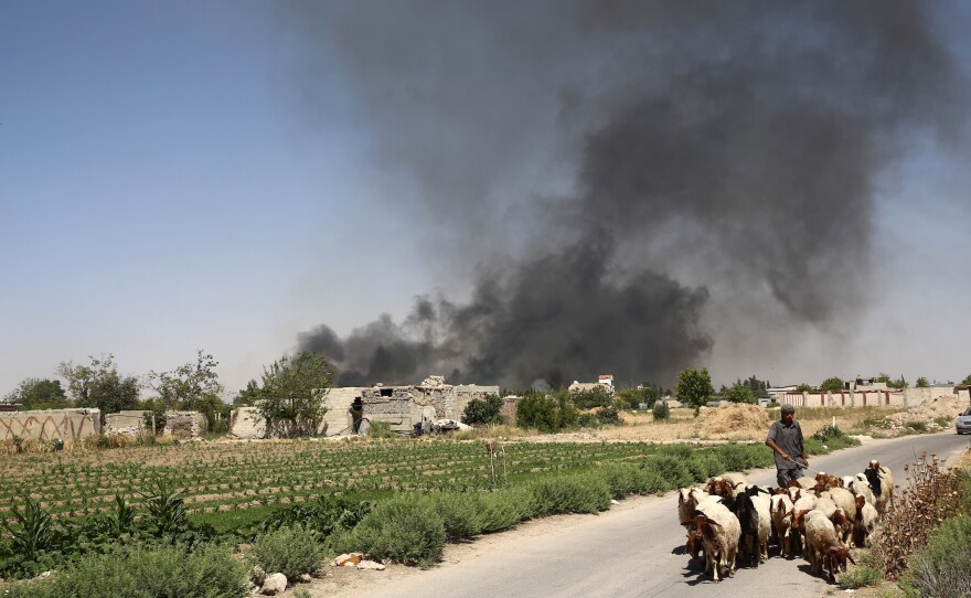 A young Syrian shepherd leads his flock on Tuesday as smoke billows from a farm following a reported airstrike in Sheifuniya, near the rebel-held town of Douma, east of Damascus.