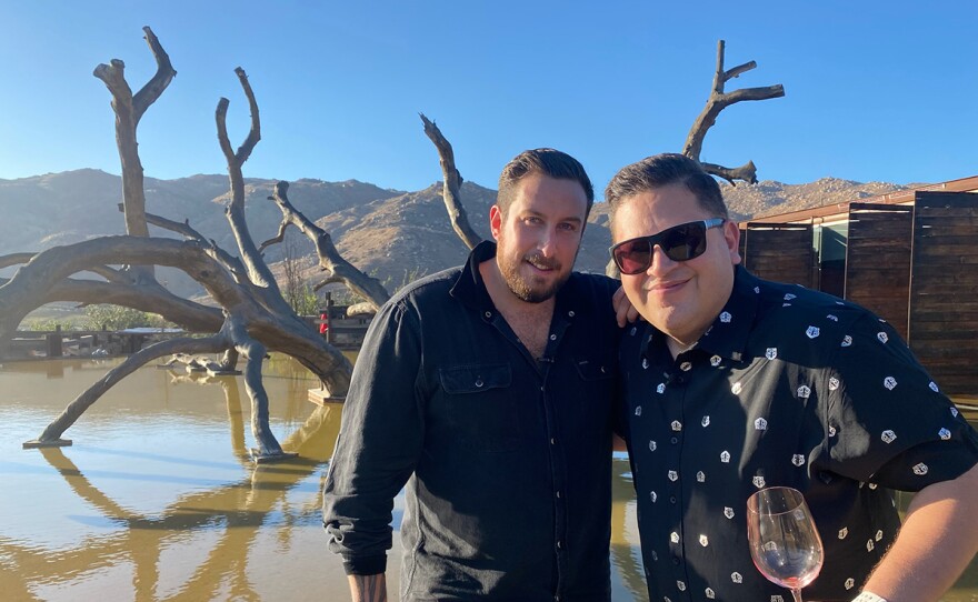 Host Jorge Meraz (right) hangs out with with Chef David Castro from Fauna restaurant and Bruma winery in Valle de Guadalupe.