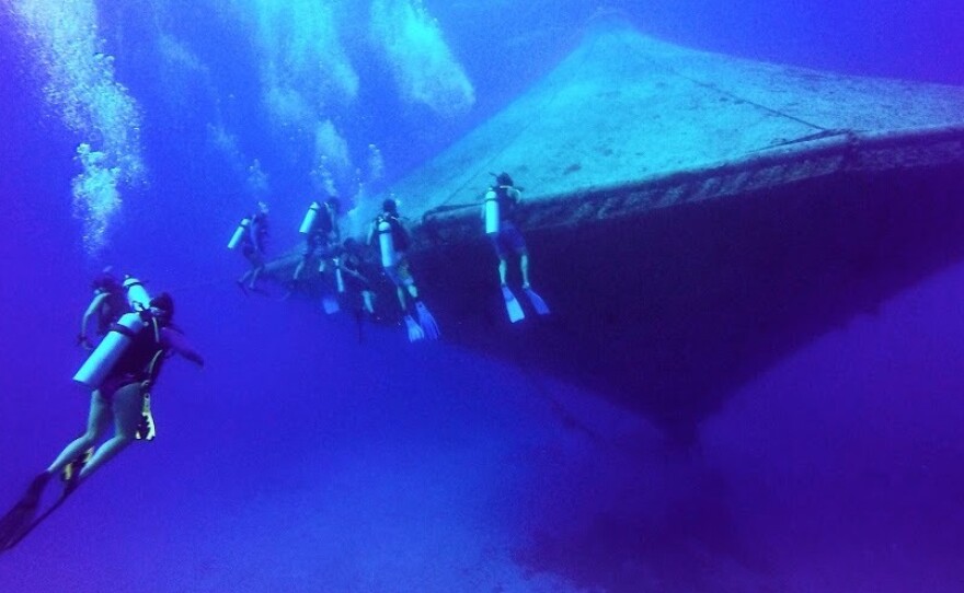 Divers around the open-ocean aquaculture cage at the Cape Eleuthera Institute in the Bahamas. These cages are not currently used in the Gulf of Mexico, but represent one type of farming technology that could work in the region.