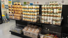 Canned and dry goods sit on a shelf in San Diego City College's Knights’ Table Food Pantry on Tuesday, Oct. 28, 2025.