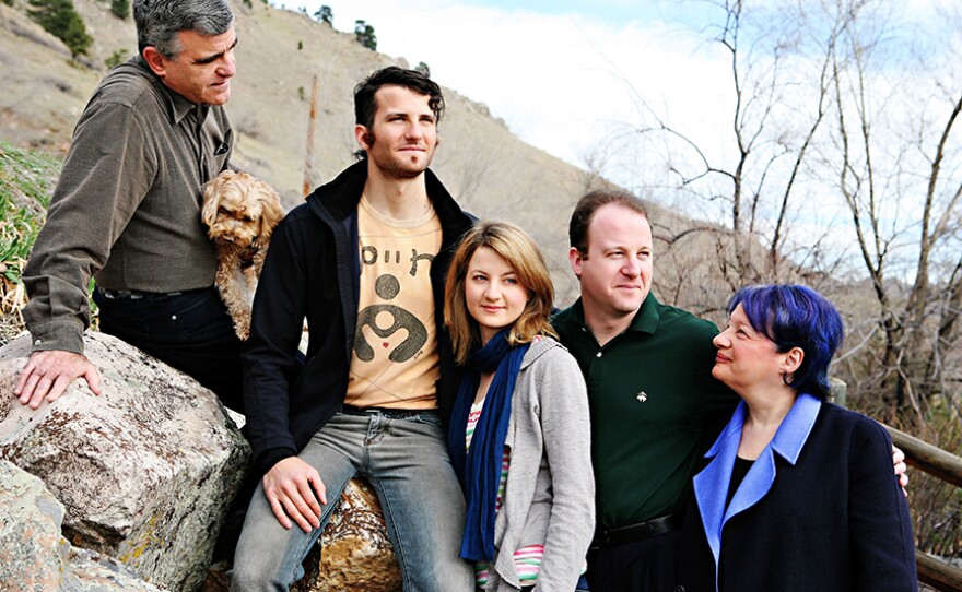 Susan Polis Schutz and Stephen Schutz are the 2017 KPBS Hall of Fame Visionary honorees. From left to right: Stephen Schutz (with Buffy), Jorian Schutz, Jordanna Schutz, Jared Polis, and Susan Polis Schutz.