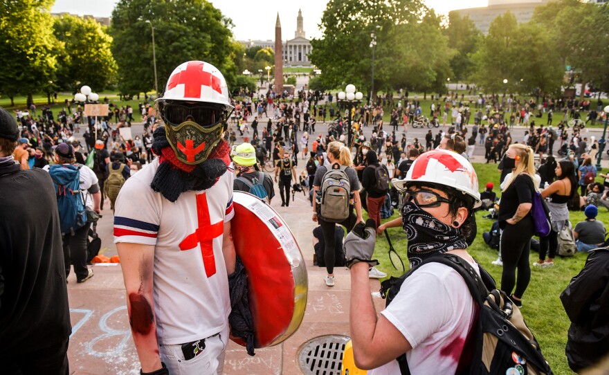 People working as medics near the Colorado State Capitol on May 31, during one of Denver's many protest demonstrations in the aftermath of the death of George Floyd at the hands of police in Minneapolis.