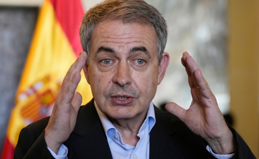Spain's former Prime Minister Jose Luis Rodriguez Zapatero speaks to journalists in La Paz, Bolivia, Thursday, May 12, 2022.