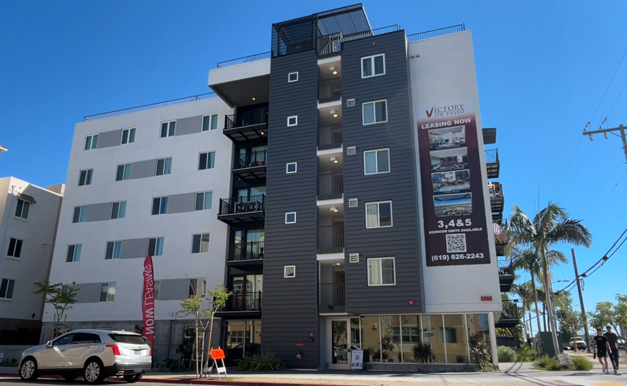 A new apartment building near San Diego State University is shown on March 26, 2026.