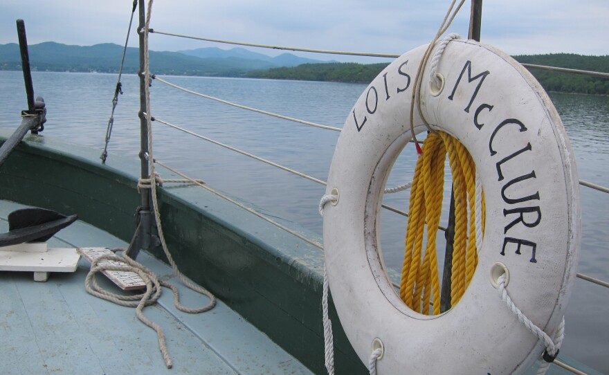 A view from the Lois McClure as she sails on Lake Champlain. The schooner is a copy of the boats that carried cargo along northeast waterways in the 1800s.