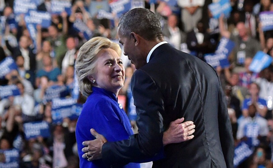Hillary Clinton joins President Obama after his address at the Democratic National Convention.