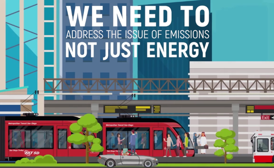 A screenshot of a video produced by Sempra Services shows people boarding a trolley with the text: "We need to address the issue of emissions not just energy."
