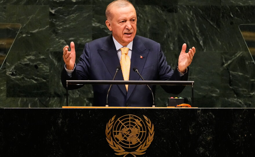Turkey's President Recep Tayyip Erdogan speaks during the 81st session of the United Nations General Assembly at United Nations headquarters in New York, Sept. 22.