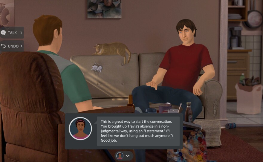 In the video game "At-Risk For College Students", the purpose is to teach students empathetic conversation skills through role-playing.