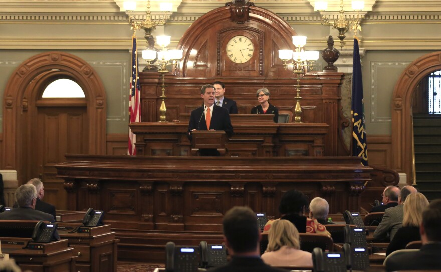 Gov. Sam Brownback delivers his State of the State address to a joint session of the Kansas Legislature in Topeka, Kan., on Jan. 10. Lawmakers are considering whether to expand Medicaid, which Brownback opposes.