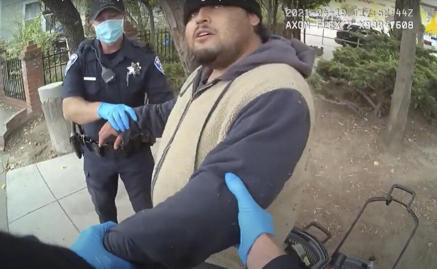 A screenshot of the Alameda Police Department body camera footage shows officers detaining Mario Gonzalez, 26, on April 19, 2021. Gonzalez died soon after.