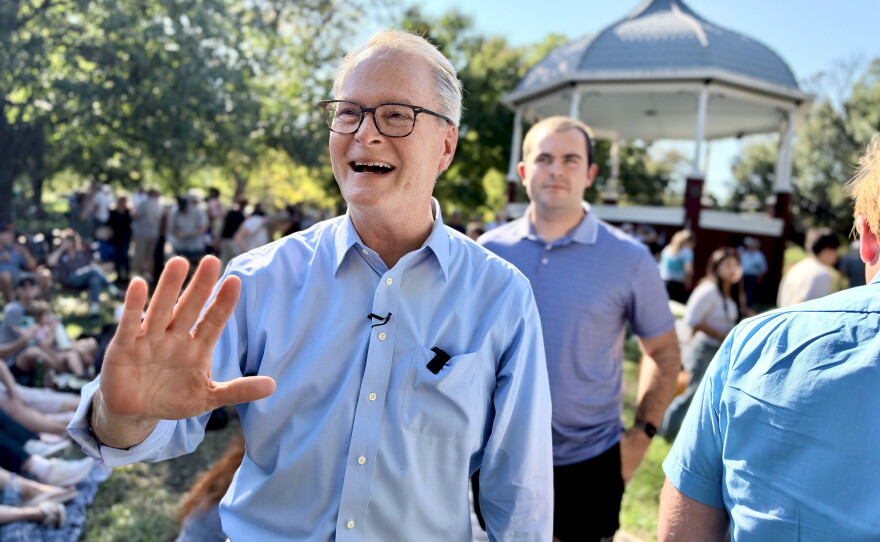 Kansas Democratic Senate nominee Adam Hamilton speaks with voters in Lawrence, Kan. Monday, Oct. 12, 2026.