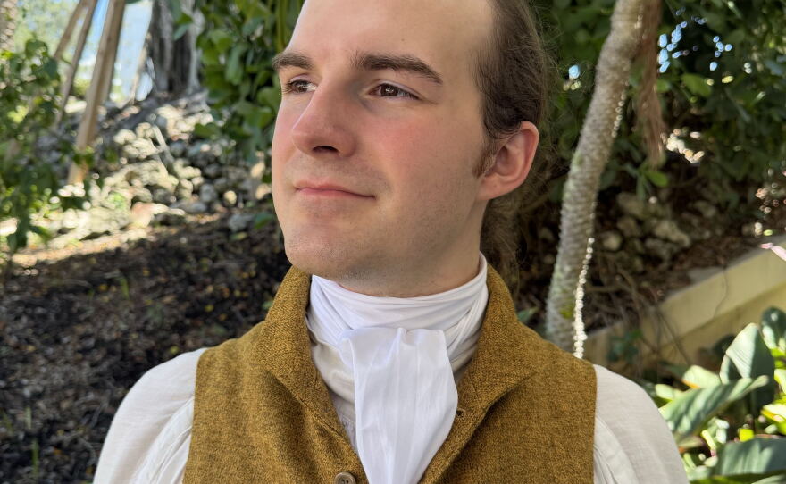 Independent congressional candidate Seth Haskin in Naples, Fla., posing for his campaign on Sept. 3 in his typical outfit of a puff-sleeved linen shirt under an 18th century waistcoat.
