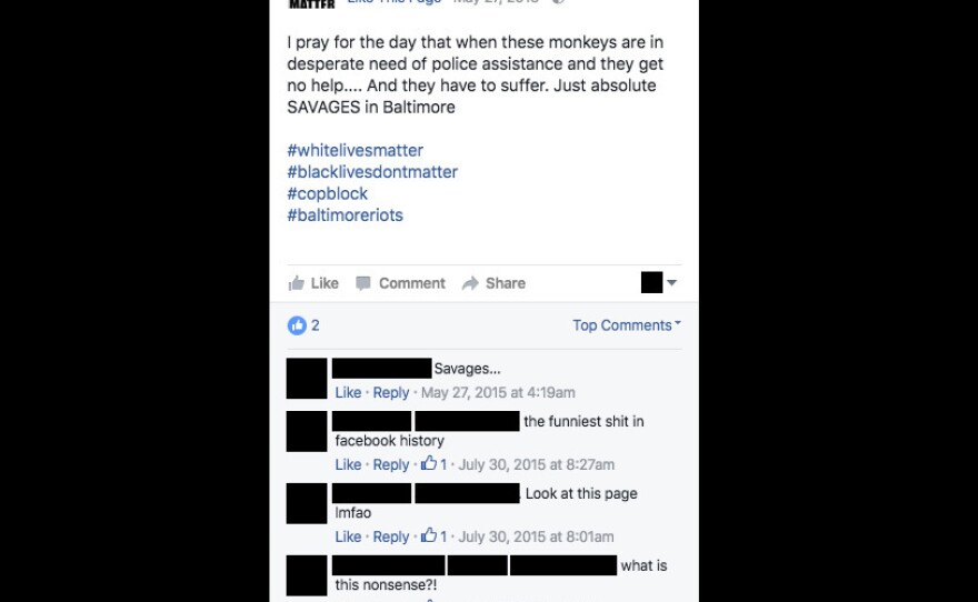 Of posts that NPR flagged, this one, with the hashtag #blacklivesdontmatter, was left up erroneously, according to Facebook officials.