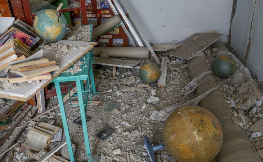 A destroyed classroom in a school hit by Russian rockets in the southern Ukraine village of Zelenyi Hai between Kherson and Mykolaiv, less than 5km from the front line.