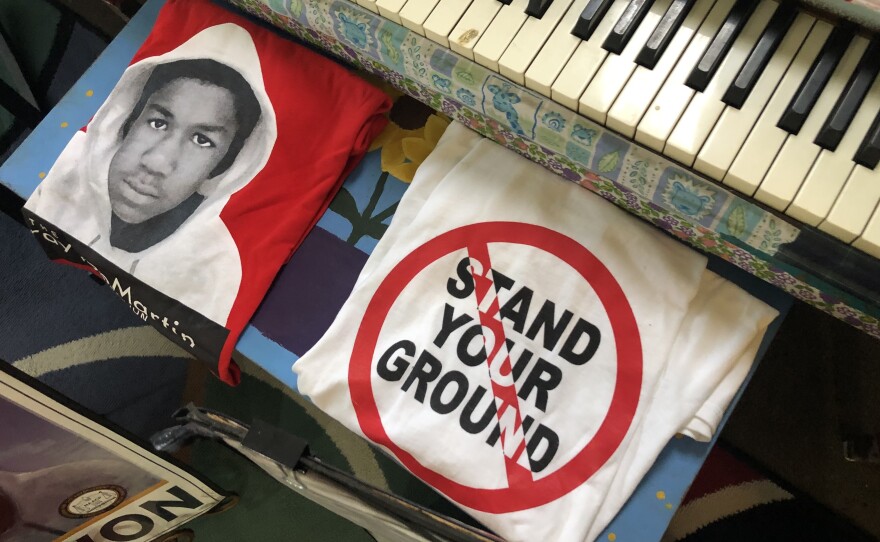 Some of the T-shirts that mourners and protesters wore in the weeks after Trayvon Martin's killing by George Zimmerman. Zimmerman's defense relied on Florida's "Stand Your Ground Law." He was ultimately acquitted.