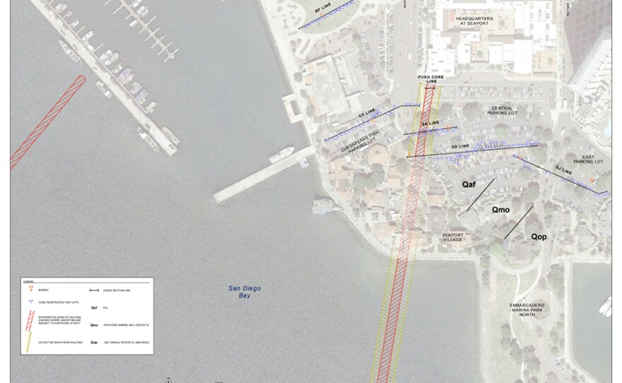 A geotechnical report published in 2018 shows where the Coronado fault extends onto land, through Seaport Village and up to the Old Police Headquarters. Credit: Gafcon.